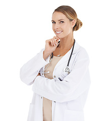 Image showing Doctor, happy woman or portrait in studio with confidence or pride in medical career as cardiologist. Service, coat or proud medicine consultant with smile or healthcare isolated on white background