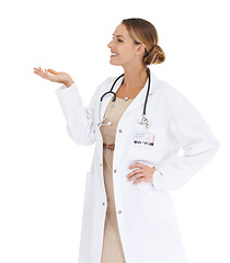 Image showing Happy woman, smile or hand of doctor for mockup space, advice or medicine on white background in studio. Marketing, help or nurse showing medical healthcare information, wellness or advertising