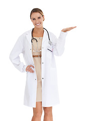 Image showing Happy woman, hand or doctor in portrait for mockup space, advice or medicine on white background in studio. Marketing, smile or nurse showing medical healthcare information, wellness or advertising