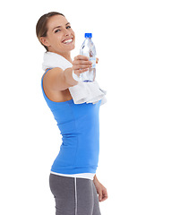 Image showing Woman, workout portrait and water bottle in studio for health, wellness and training on a white background. Happy person or sports model giving liquid for gym energy, fitness and exercise challenge