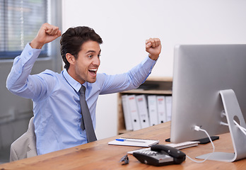 Image showing Business man, celebration and computer for win in office, promotion and online competition or giveaway. Male professional, fist pump and career achievement, success and announcement or information