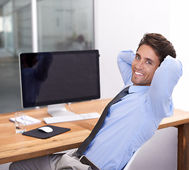 Image showing Business man, portrait and relax by computer screen, network and feedback on break in workplace. Male professional, technology and face for connection, smile and online research by mockup space