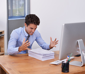 Image showing Business man, stress and paperwork in office, angry and mistake with documents or crisis and fail. Businessperson, professional and frustrated with reports or proposal, review and mental health