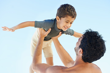 Image showing Happy father, beach and lifting child in bonding, vacation or outdoor holiday weekend together. Dad, boy or kid smile for love, support or fun summer break by ocean with blue sky background on mockup