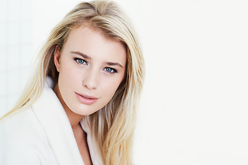 Image showing Portrait, woman and blonde on mockup space for makeup, cosmetics or beauty in bathroom at home. Face of attractive, gorgeous or young female person or model in satisfaction for facial spa treatment