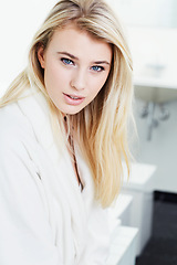 Image showing Portrait, bathrobe and woman at spa for beauty, skincare or wellness in bathroom. Face, dressing gown or blonde person in luxury cosmetic facial treatment, clean hygiene or relax in natural body care