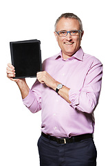 Image showing Senior business man, tablet and mockup with screen, tech promo or company website ads on white background. Portrait, UX and connectivity, professional advertising with IOT and digital info in studio