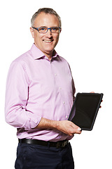 Image showing MAture business man, tablet and mockup with screen, tech promo or company website ads on white background. Portrait, UX and connectivity, professional advertising with IOT and digital info in studio