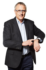 Image showing Senior executive, business man and watch, pointing with schedule and time management on white background. Agenda, calendar and clock with accountant in studio, tasks and tracking for deadline