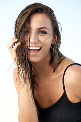 Image showing Woman, portrait and haircare or wellness and beauty, happy and healthy hair by sky background. Female person, keratin shampoo and conditioner for self care, face and smile for cosmetics and treatment