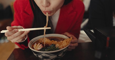 Image showing Woman, mouth and eating ramen in restaurant for dinner, meal and noodles in cafeteria. Closeup, hungry lady and chopsticks for bowl of spaghetti, Japanese cuisine and lunch break in fast food diner