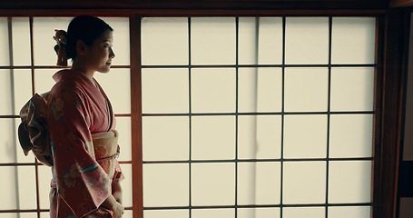 Image showing Japanese, woman and kimono for culture or tradition in chashitsu room with indigenous fashion or clothing. Person, ritual and ceremony for temae, wellness and zen in architecture building in Tokyo