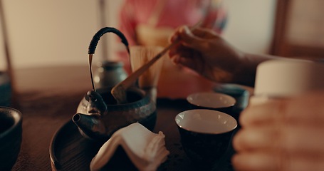 Image showing Traditional, matcha and Japanese women with tea for culture with leaves and powder in tearoom. Friends, ceremony and people with herbal beverage for wellness, mindfulness or detox for drinking ritual