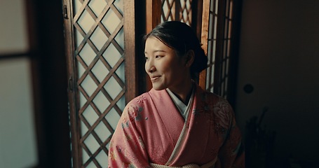 Image showing Japanese, woman and happy in kimono for ceremony in chashitsu room and indigenous fashion or clothing tradition. Person, ritual or culture for temae, wellness or zen in architecture building in Tokyo