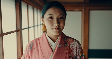 Image showing Japanese woman, portrait and kimono for ceremony in Chashitsu room with traditional fashion. Vintage, style and girl with pride, respect and honor for culture, heritage and waiting for matcha or tea