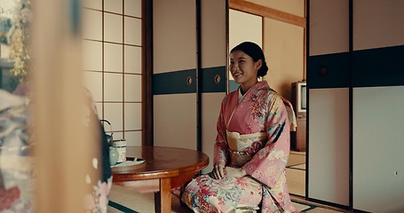 Image showing Woman, tea ceremony and Japanese traditional in tatami room for religious culture, respect or ritual. Asian person, kneel and kimono practice or warm drink for mindfulness healing, worship or holy