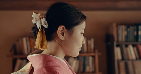 Image showing Japanese, woman and kimono for ceremony or tradition in chashitsu room with indigenous fashion or clothing. Person, ritual and culture for temae, wellness and zen in architecture building in Tokyo