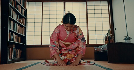 Image showing Woman, Japanese and traditional spiritual respect in Chashitsu room for ritual, gratitude or wellness. Asian person, kneel and kimono dress for practice mindfulness healing, Tokyo or tea ceremony