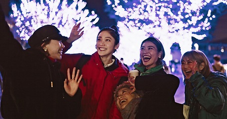 Image showing Friends, city or happy people in selfie, party or night event on holiday vacation together on New Years. Japanese, vlogging online or group of women laughing in video call with energy, smile or joy