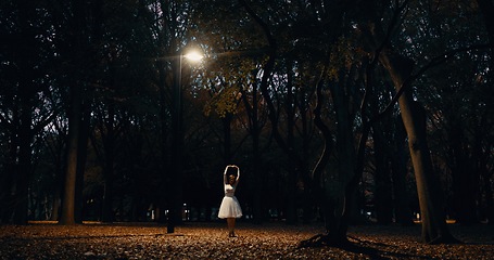 Image showing Dancing, night and woman with ballet, forest or artistic for performance, training and talent. Person, dancer or girl with culture, outdoor or practice with routine, freedom or fitness with creative