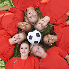 Image showing Happy woman, soccer ball and face of team above for unity, collaboration or synergy lying on green grass. Top view or portrait of female person, group or football players smile on outdoor field