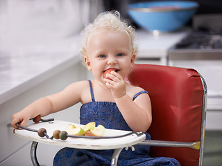 Image showing Portrait, high chair and baby with apple, healthy diet and nutrition for breakfast. Hungry, kid and toddler eating fruit for growth, childhood development and happy cute child with vegan food in home