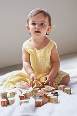 Image showing Baby, girl and toddler, blocks as toys for learning, playing at home for education and alphabet. Growth, early childhood development and young kid with educational activity, playtime and montessori