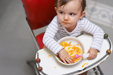 Image showing Baby, girl in high chair with food, nutrition and health for childhood development and wellness. Healthy, growth and toddler at home, feeding vegetable or fruit with hungry kid eating a meal