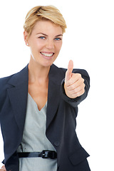 Image showing Portrait of happy businesswoman with thumbs up, smile and vote for deal agreement success in studio. Professional person with hand gesture for good job, gratitude or achievement on white background.