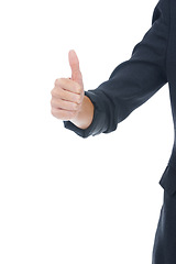 Image showing Businessperson, thumbs up and agreement in studio, sign and approval emoji by white background. Professional, employee and icon or symbol for promotion, thank you and satisfaction or corporate winner