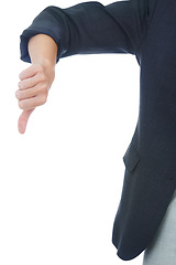 Image showing Businessperson, thumbs down and negative in studio, sign and dislike emoji by white background. Professional, employee and icon or symbol for review, vote and disagreement for corporate mistake