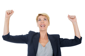 Image showing Businesswoman, celebration and success or fist pump in studio, winner and victory by white background. Female person, professional and happy for corporate achievement, promotion and salary increase