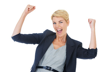 Image showing Businesswoman, celebration and fist pump in studio portrait, winner and victory by white background. Female person, professional and happy for corporate achievement, promotion and success or bonus