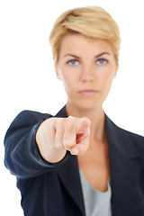 Image showing Portrait, woman or manager pointing to you for recruitment business on white background in studio. Serious, pick or worker with gesture, choice or promotion showing an opportunity, vote or selection