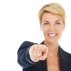 Image showing Portrait, happy woman or manager pointing to you for recruitment on white background in studio. Business, smile or worker with gesture, choice or promotion showing an opportunity, pick or selection