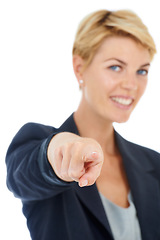 Image showing Portrait, happy or businesswoman or pointing to you for recruitment on white background in studio. Hand, smile or worker with gesture, choice or promotion showing an opportunity, pick or selection