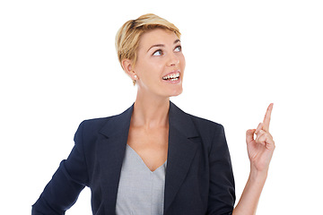 Image showing Announcement, space or businesswoman in studio pointing up to loan offer or about us. Presentation, white background or happy financial advisor showing a sales discount, ads promotion or investment