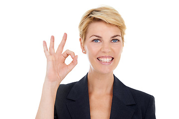 Image showing Businesswoman, okay and satisfaction in studio, portrait and approval emoji by white background. Female person, employee and yes or symbol for promotion, feedback and like icon or corporate victory
