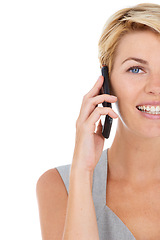 Image showing Businesswoman, phone call and conversation in studio portrait, communication and smile by white background. Happy female person, half face and smartphone for networking, discussion and technology