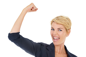 Image showing Flex, happy and portrait of woman in a studio with feminism, women empowerment and career success. Smile, excited and female person with strong arm muscles for achievement by white background.