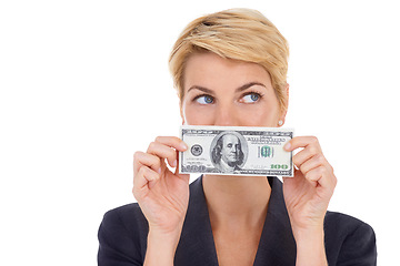 Image showing Dollar, secret or businesswoman in studio on a white background for corruption or silence. Cover mouth, illegal payment or corrupt financial manager with cash for bribery, fraud or money laundering