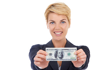 Image showing Portrait of business woman with dollar, offer and bonus cash prize giveaway isolated on white background. Money bills, budget and economic resources, lady with financial freedom or payment in studio.