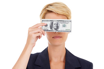 Image showing Business woman with cash on face, dollars and bonus prize opportunity isolated on white background. Money, budget and economic resources, lady with financial win or credit funding payment in studio.