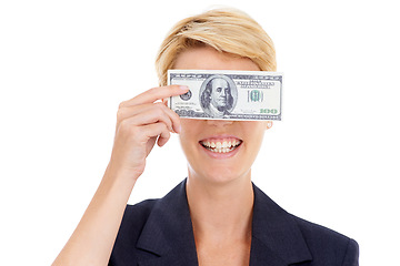 Image showing Happy business woman with cash on face, dollars and bonus prize giveaway isolated on white background. Money loan, budget and smile, lady with financial freedom or credit funding payment in studio.