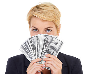 Image showing Portrait of business woman with money fan, dollars and bonus prize giveaway isolated on white background. cash, budget and mockup, lady with financial freedom or credit funding payment in studio.