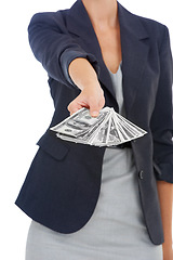Image showing Hands of business woman with cash, dollars and bonus prize giveaway isolated on white background. Money, budget and economic resources, lady with financial freedom or credit funding payment in studio