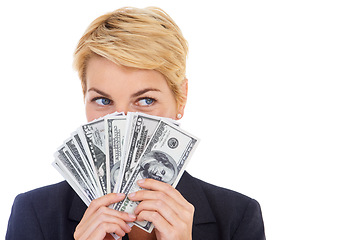 Image showing Face of business woman with money fan, dollars and bonus prize giveaway isolated on white background. Cash bills, budget and savings, lady with financial freedom or credit funding payment in studio