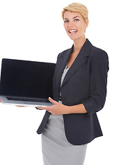 Image showing Business woman, laptop screen and portrait in studio for presentation, human resources software and job information. Professional worker on computer mockup space for career FAQ on a white background