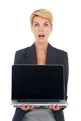 Image showing Business woman, surprise and advertising laptop screen in studio for deal, offer and sign up to newsletter on white background. Portrait, shocked worker and mockup space on computer for announcement
