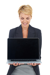 Image showing Business woman, computer screen and mockup in studio for presentation, human resources software and job information. Professional worker with laptop and space for career FAQ on a white background